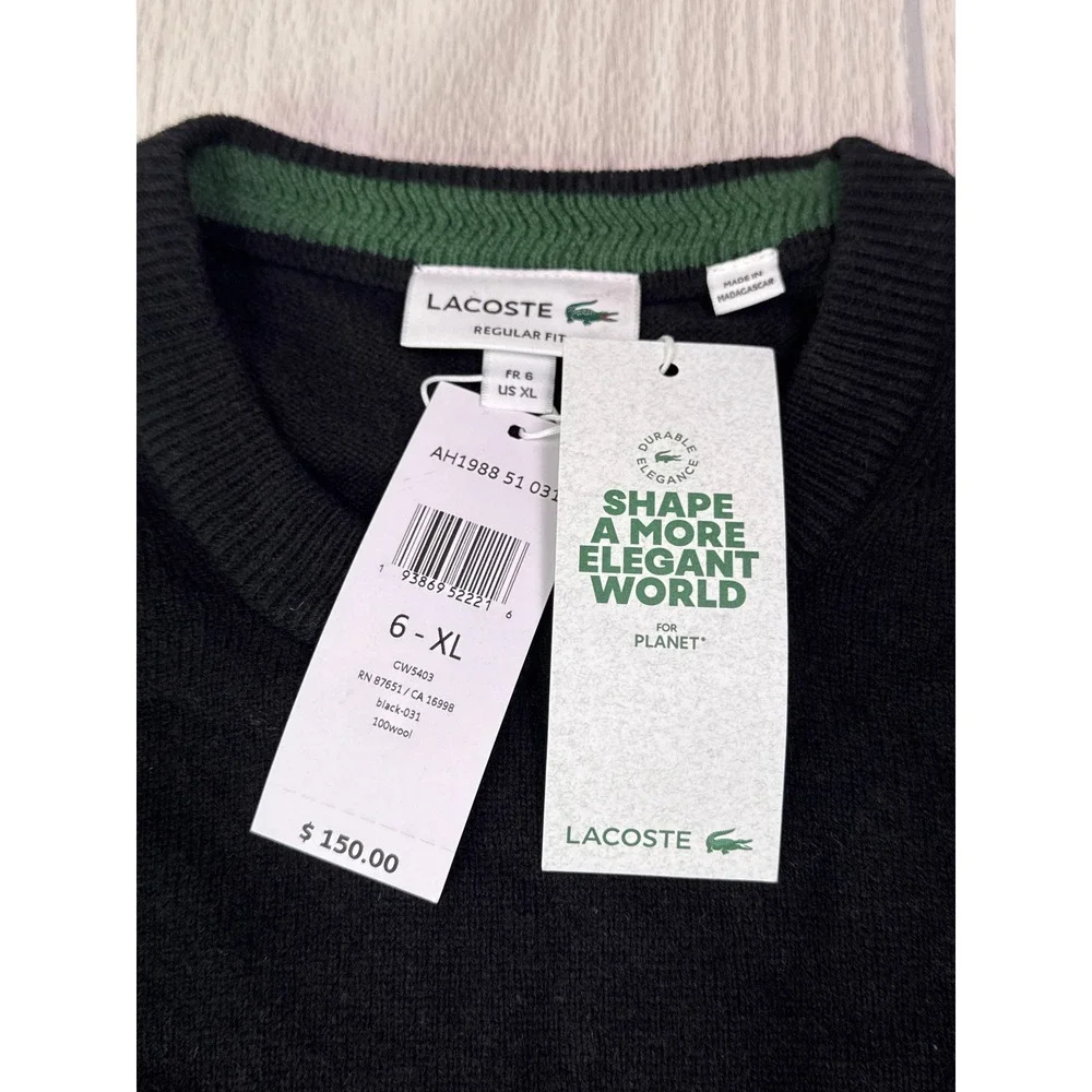 Lacoste Mens Regular Fit Wool Crew Neck Sweater Black Size XL New With Tags